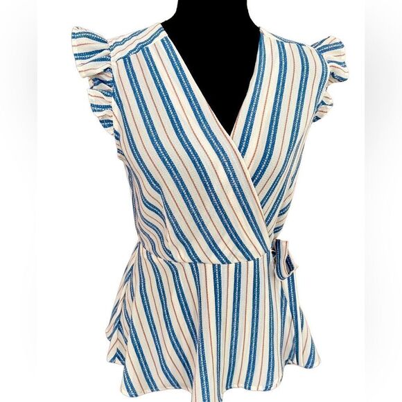MONTEAU striped faux wrap peplum top with flutter sleeve, size M - Picture 1 of 7